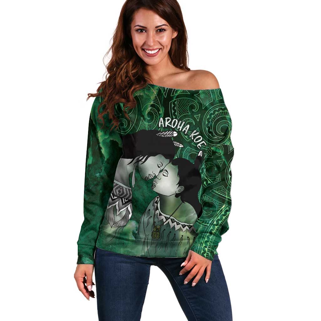New Zealand Aroha Koe Mama Off Shoulder Sweater Maori Hongi - Pounamu LT7 Women Green - Polynesian Pride