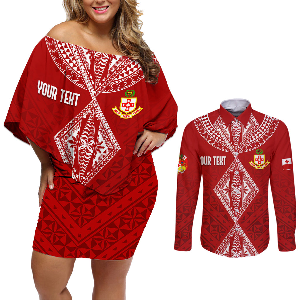 Personalised Kolisi Tonga Atele Couples Matching Off Shoulder Short Dress and Long Sleeve Button Shirts Tongan Kupesi - Special LT7 Red - Polynesian Pride