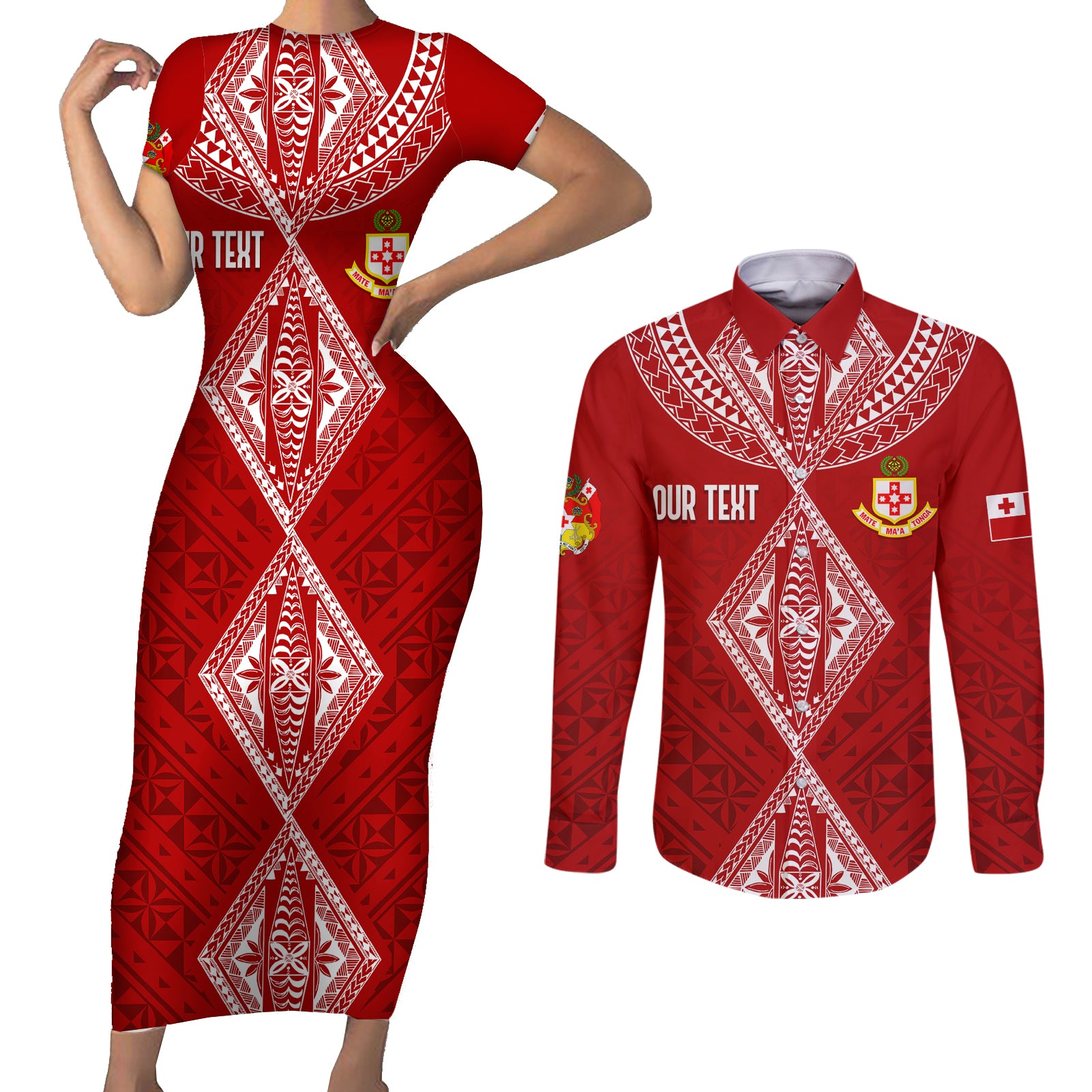 Personalised Kolisi Tonga Atele Couples Matching Short Sleeve Bodycon Dress and Long Sleeve Button Shirts Tongan Kupesi - Special LT7 Red - Polynesian Pride