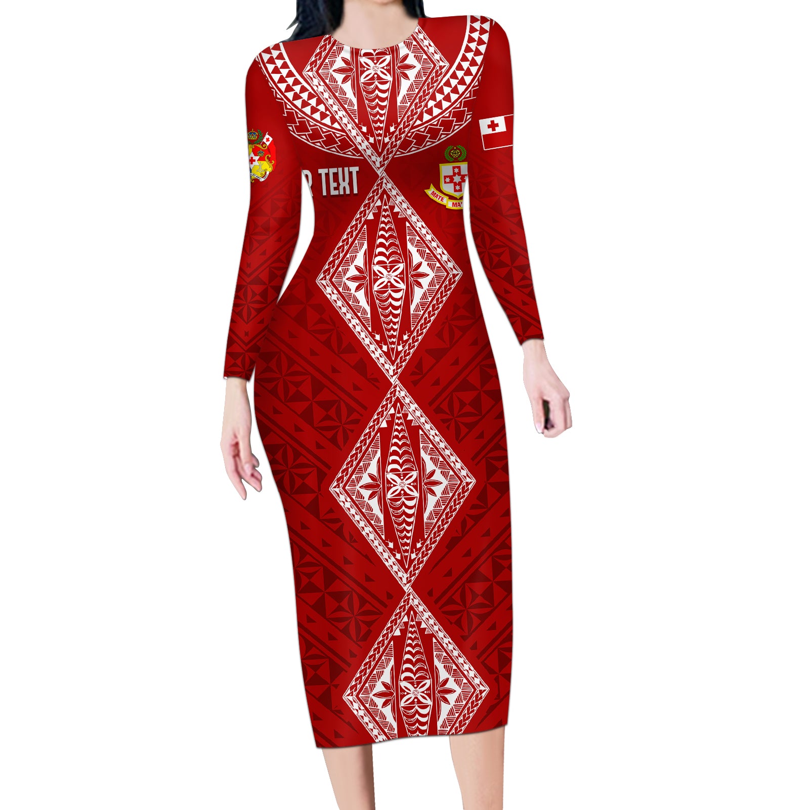 Personalised Kolisi Tonga Atele Long Sleeve Bodycon Dress Tongan Kupesi - Special LT7 Long Dress Red - Polynesian Pride