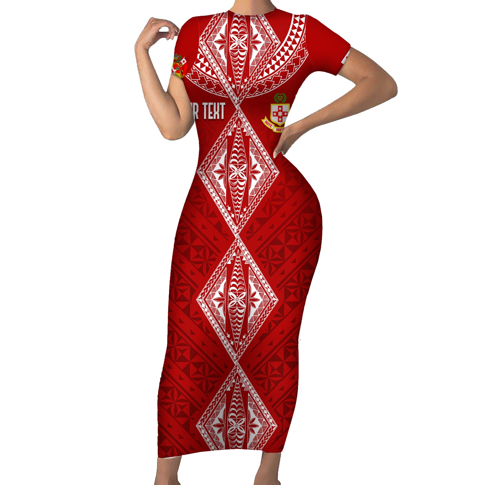 Personalised Kolisi Tonga Atele Short Sleeve Bodycon Dress Tongan Kupesi - Special LT7 Long Dress Red - Polynesian Pride