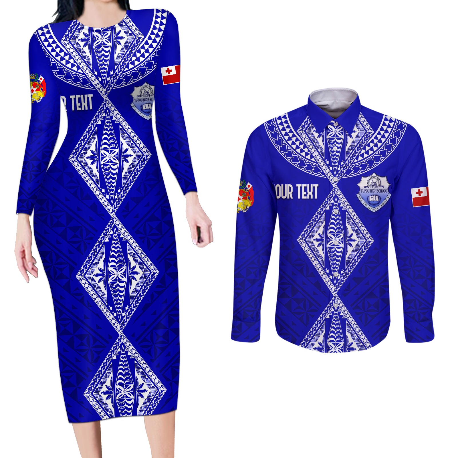 Personalised Tupou College Toloa Couples Matching Long Sleeve Bodycon Dress and Long Sleeve Button Shirts Tongan Kupesi - Special LT7 Navy Blue - Polynesian Pride