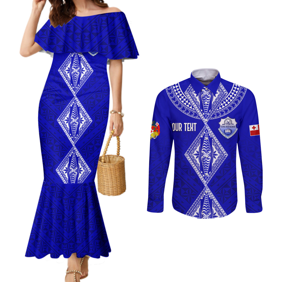 Personalised Tupou College Toloa Couples Matching Mermaid Dress and Long Sleeve Button Shirts Tongan Kupesi - Special LT7 Navy Blue - Polynesian Pride