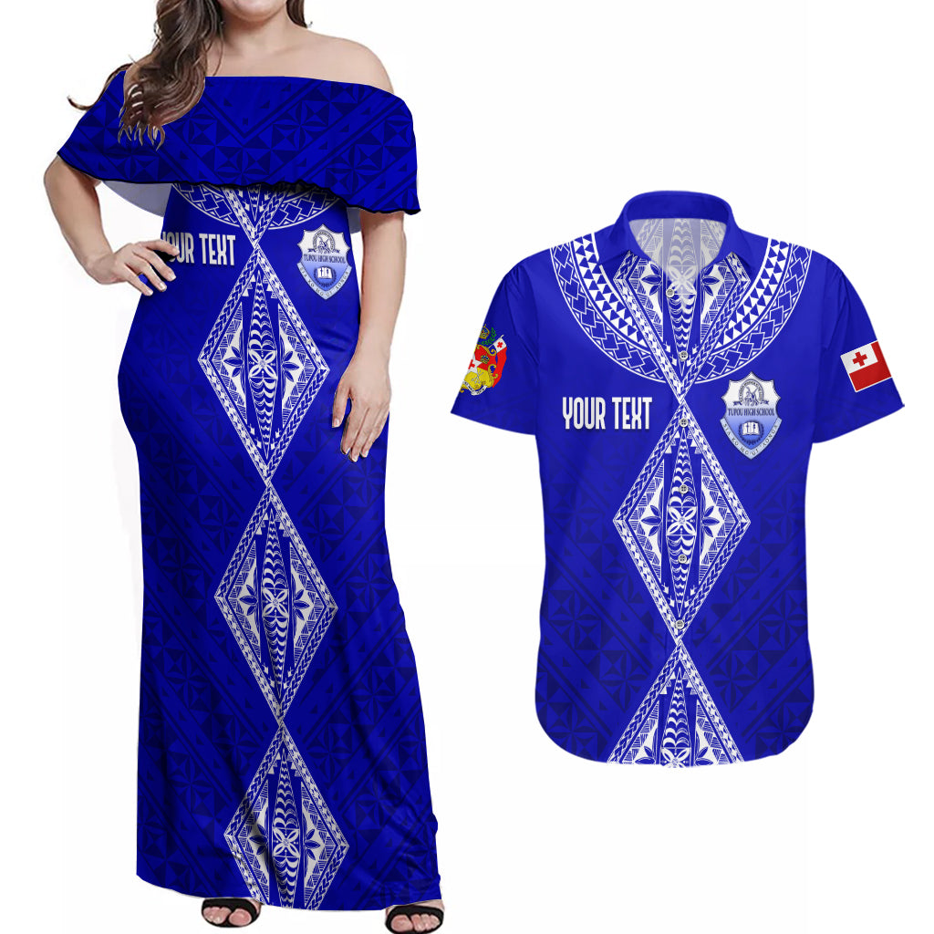 Personalised Tupou College Toloa Couples Matching Off Shoulder Maxi Dress and Hawaiian Shirt Tongan Kupesi - Special LT7 Navy Blue - Polynesian Pride