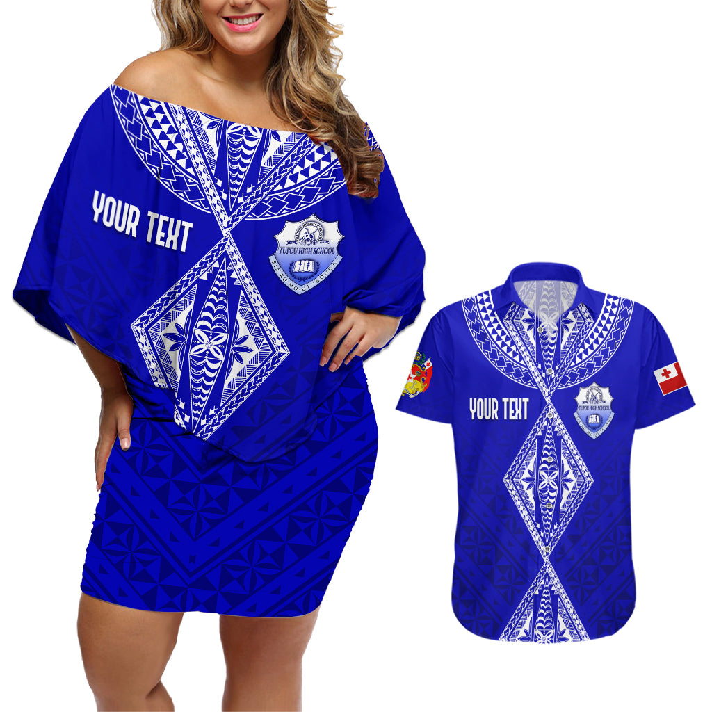 Personalised Tupou College Toloa Couples Matching Off Shoulder Short Dress and Hawaiian Shirt Tongan Kupesi - Special LT7 Navy Blue - Polynesian Pride