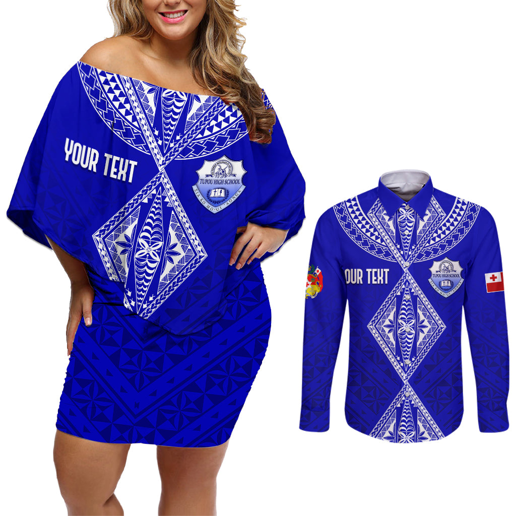 Personalised Tupou College Toloa Couples Matching Off Shoulder Short Dress and Long Sleeve Button Shirts Tongan Kupesi - Special LT7 Navy Blue - Polynesian Pride