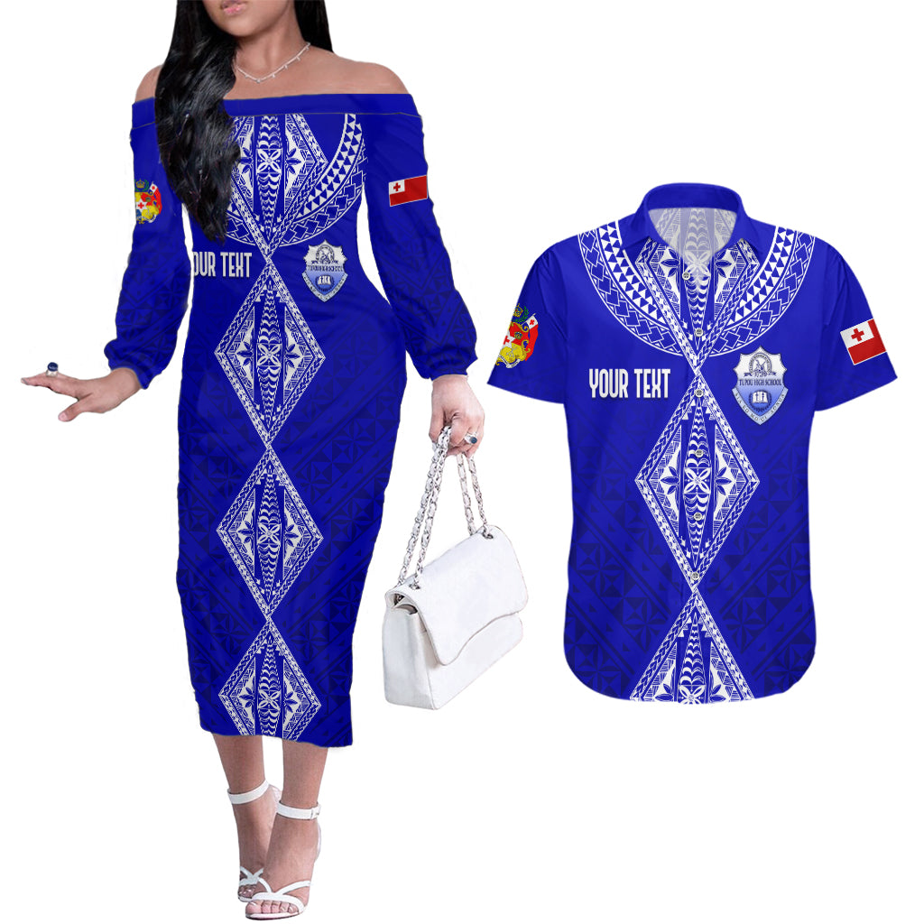 Personalised Tupou College Toloa Couples Matching Off The Shoulder Long Sleeve Dress and Hawaiian Shirt Tongan Kupesi - Special LT7 Navy Blue - Polynesian Pride