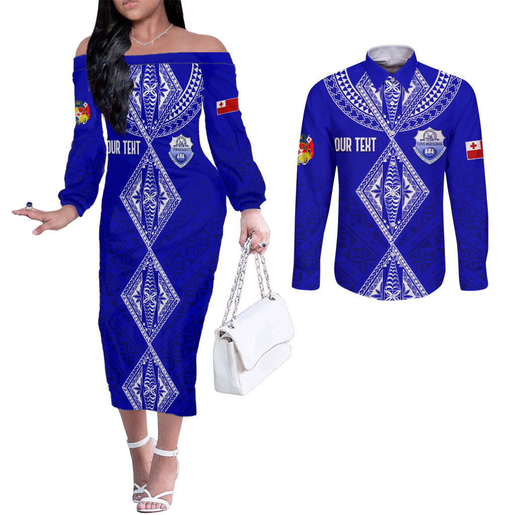 Personalised Tupou College Toloa Couples Matching Off The Shoulder Long Sleeve Dress and Long Sleeve Button Shirts Tongan Kupesi - Special LT7 Navy Blue - Polynesian Pride