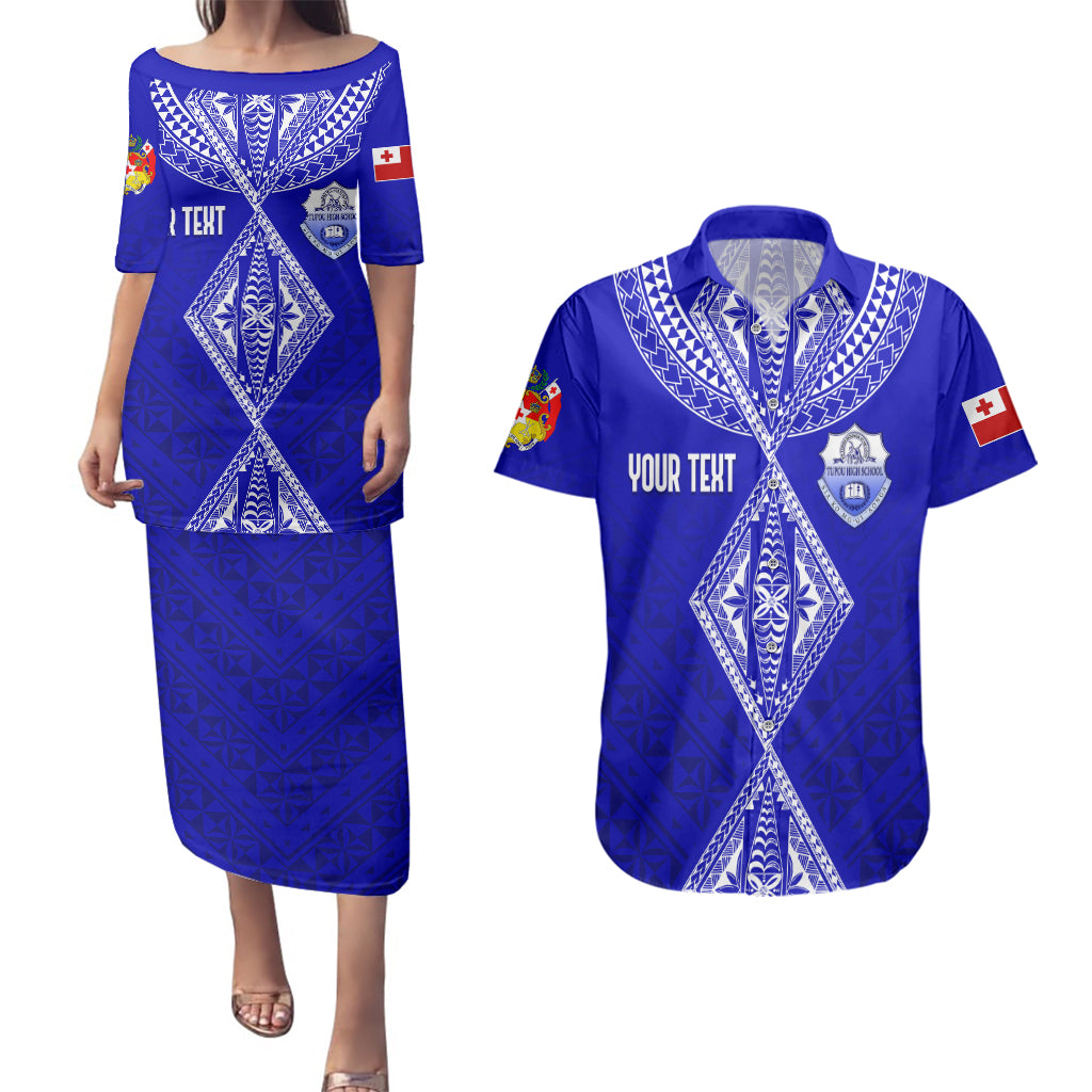 Personalised Tupou College Toloa Couples Matching Puletasi Dress and Hawaiian Shirt Tongan Kupesi - Special LT7 Navy Blue - Polynesian Pride