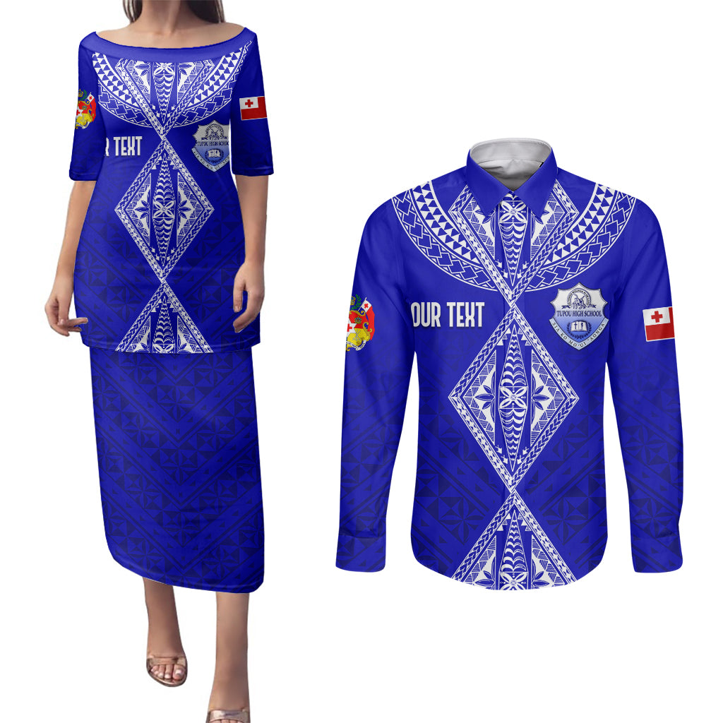 Personalised Tupou College Toloa Couples Matching Puletasi Dress and Long Sleeve Button Shirts Tongan Kupesi - Special LT7 Navy Blue - Polynesian Pride