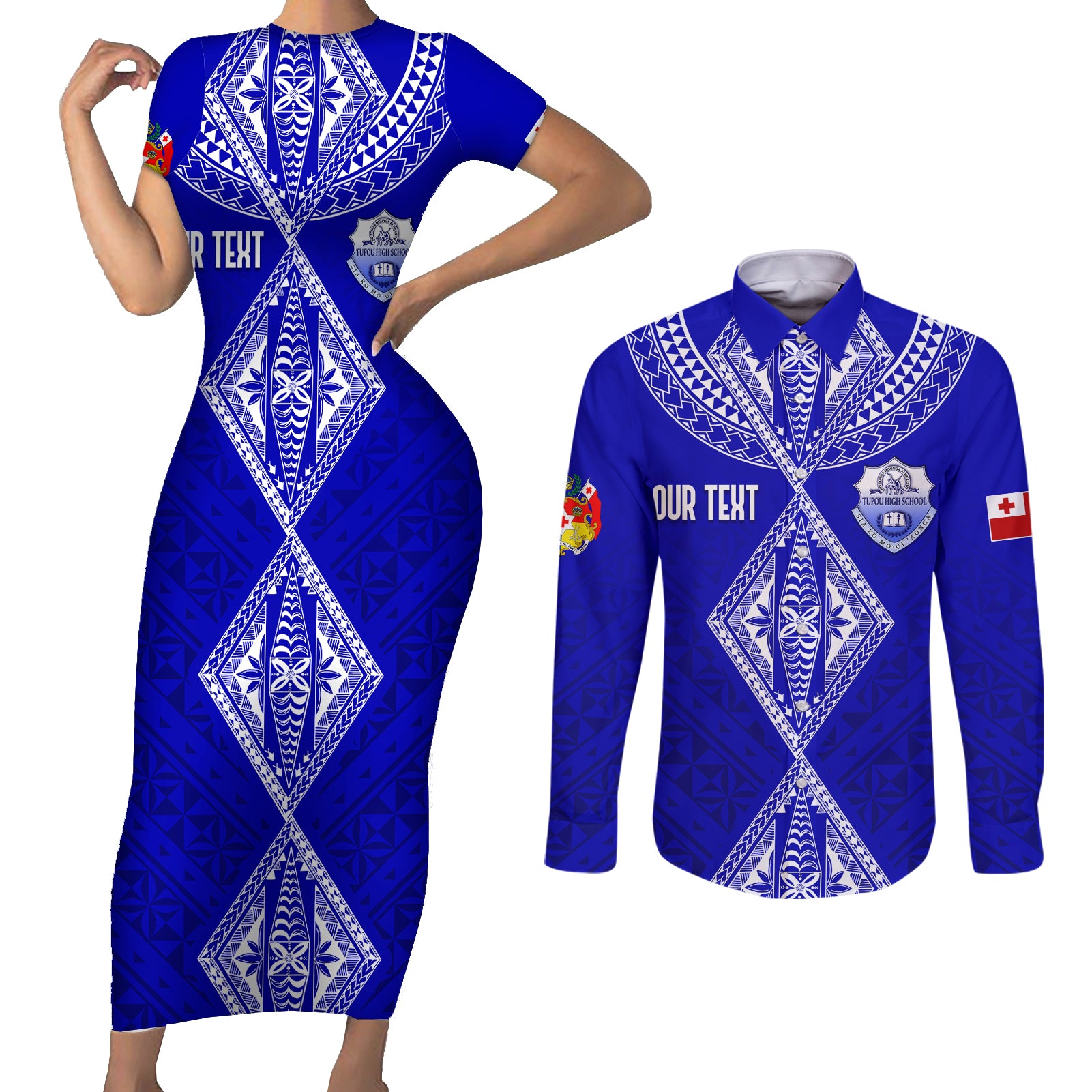 Personalised Tupou College Toloa Couples Matching Short Sleeve Bodycon Dress and Long Sleeve Button Shirts Tongan Kupesi - Special LT7 Navy Blue - Polynesian Pride