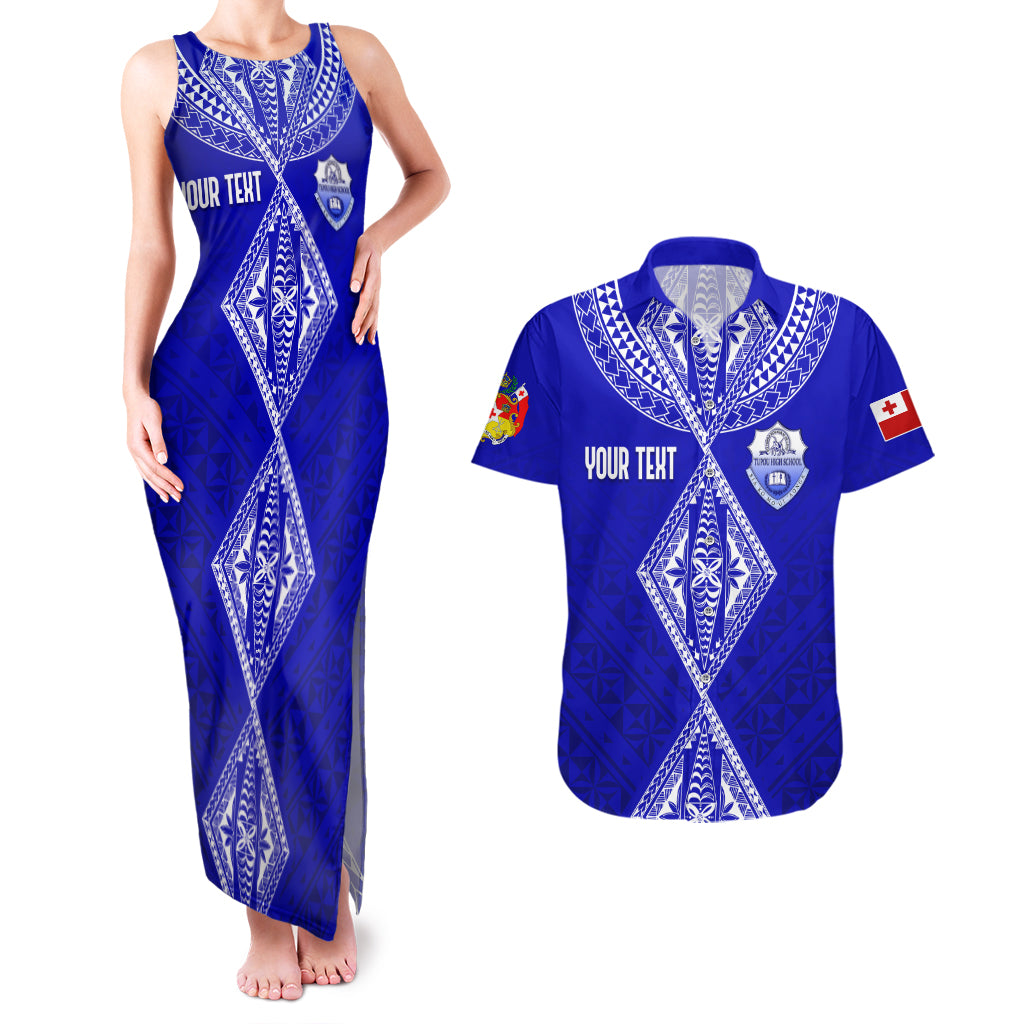 Personalised Tupou College Toloa Couples Matching Tank Maxi Dress And Hawaiian Shirt Tongan Kupesi - Special LT7 Navy Blue - Polynesian Pride