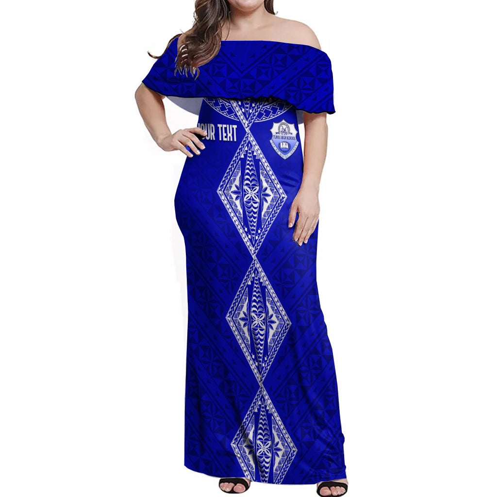 Personalised Tupou College Toloa Off Shoulder Maxi Dress Tongan Kupesi - Special LT7 Women Navy Blue - Polynesian Pride