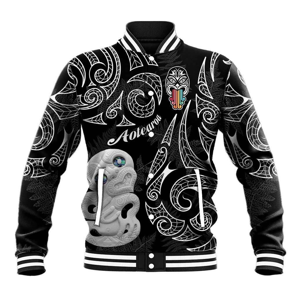 Kia Hara Te reo Maori Baseball Jacket Manaia Moko Pattern LT7 Unisex Black - Polynesian Pride