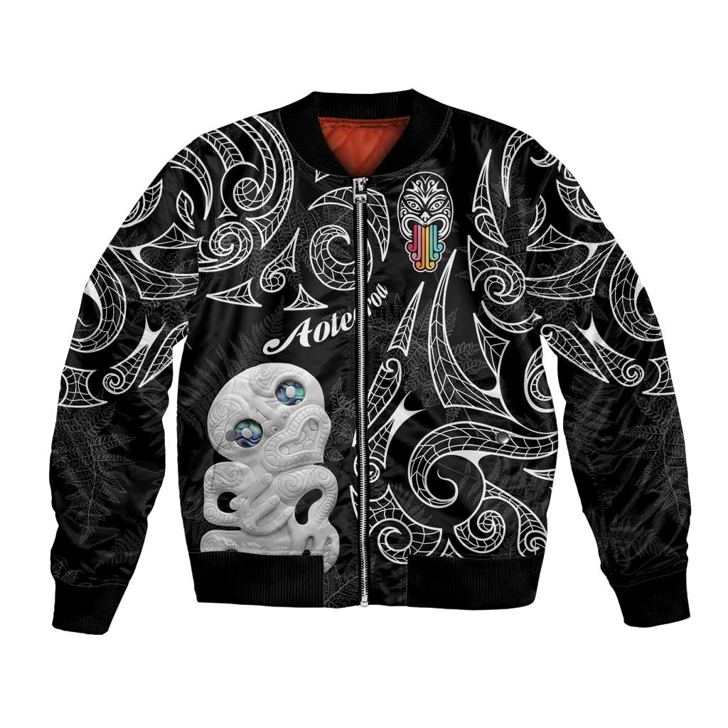 Kia Hara Te reo Maori Bomber Jacket Manaia Moko Pattern LT7 Unisex Black - Polynesian Pride