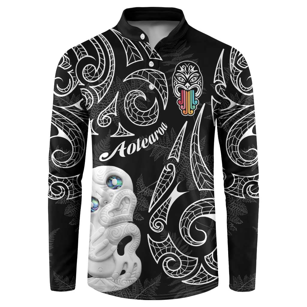 Kia Hara Te reo Maori Button Sweatshirt Manaia Moko Pattern LT7 Black - Polynesian Pride