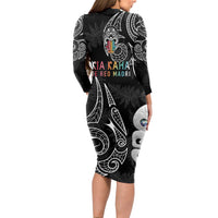 Kia Hara Te reo Maori Long Sleeve Bodycon Dress Manaia Moko Pattern LT7 - Polynesian Pride