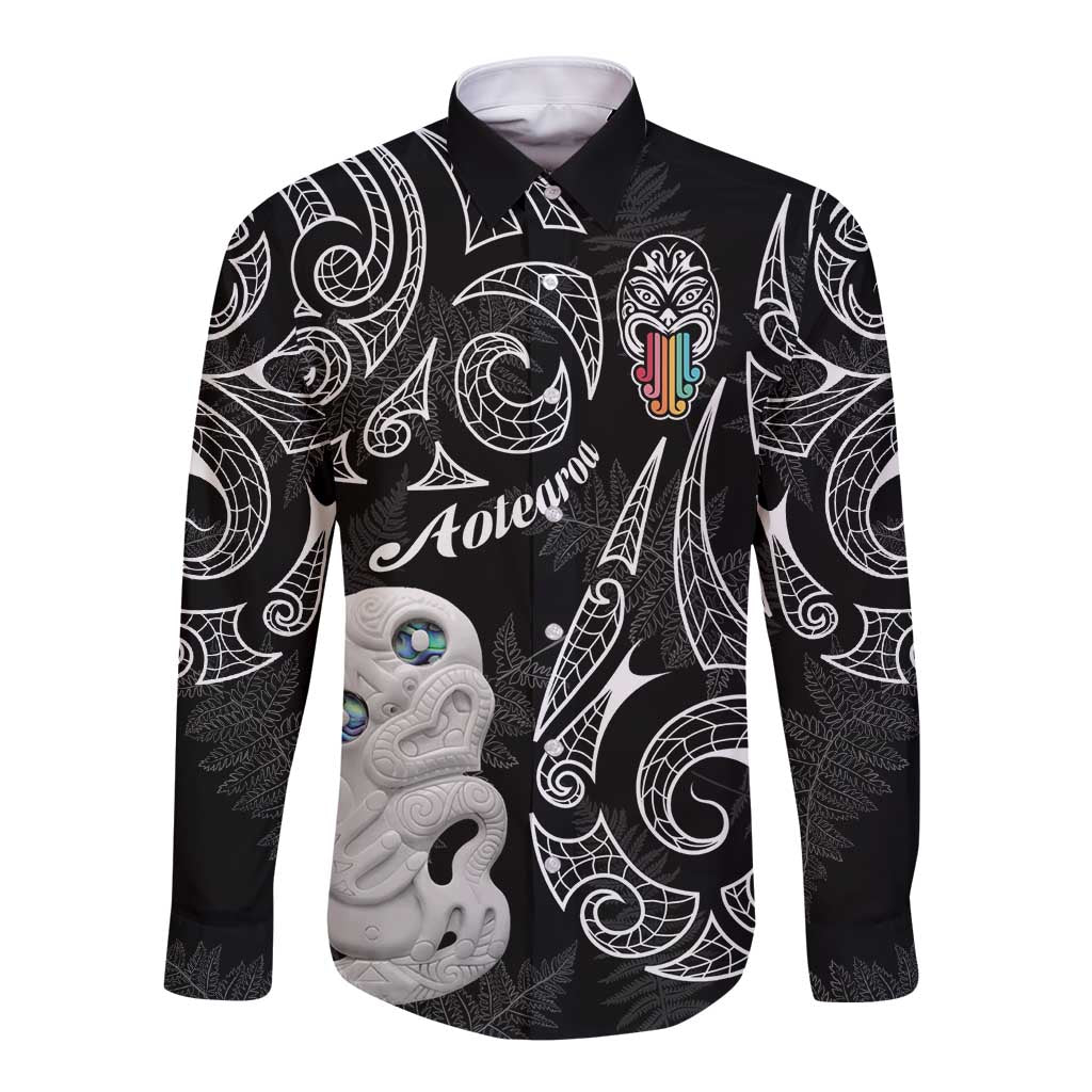 Kia Hara Te reo Maori Long Sleeve Button Shirt Manaia Moko Pattern LT7 Unisex Black - Polynesian Pride