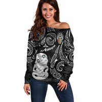 Kia Hara Te reo Maori Off Shoulder Sweater Manaia Moko Pattern LT7 Women Black - Polynesian Pride