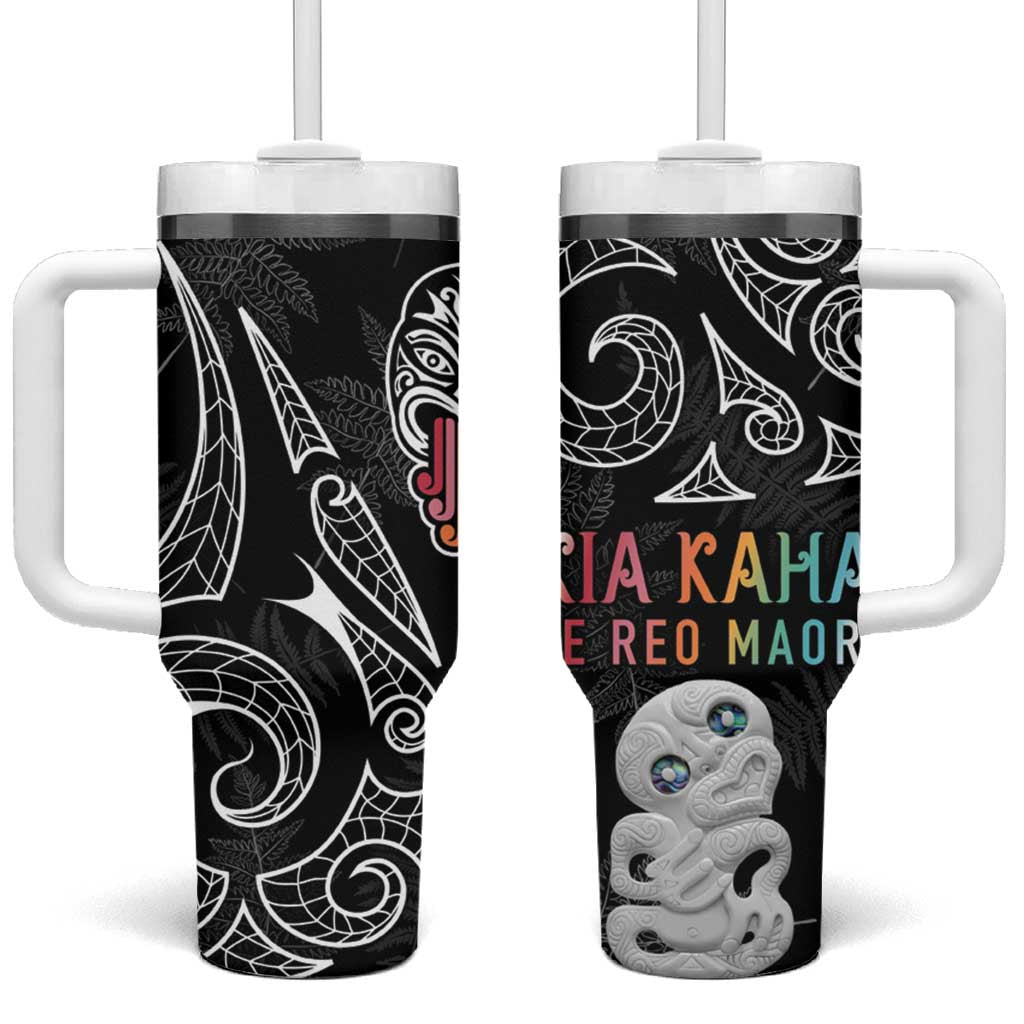 Kia Hara Te reo Maori Tumbler With Handle Manaia Moko Pattern LT7 One Size: 40 oz Black - Polynesian Pride