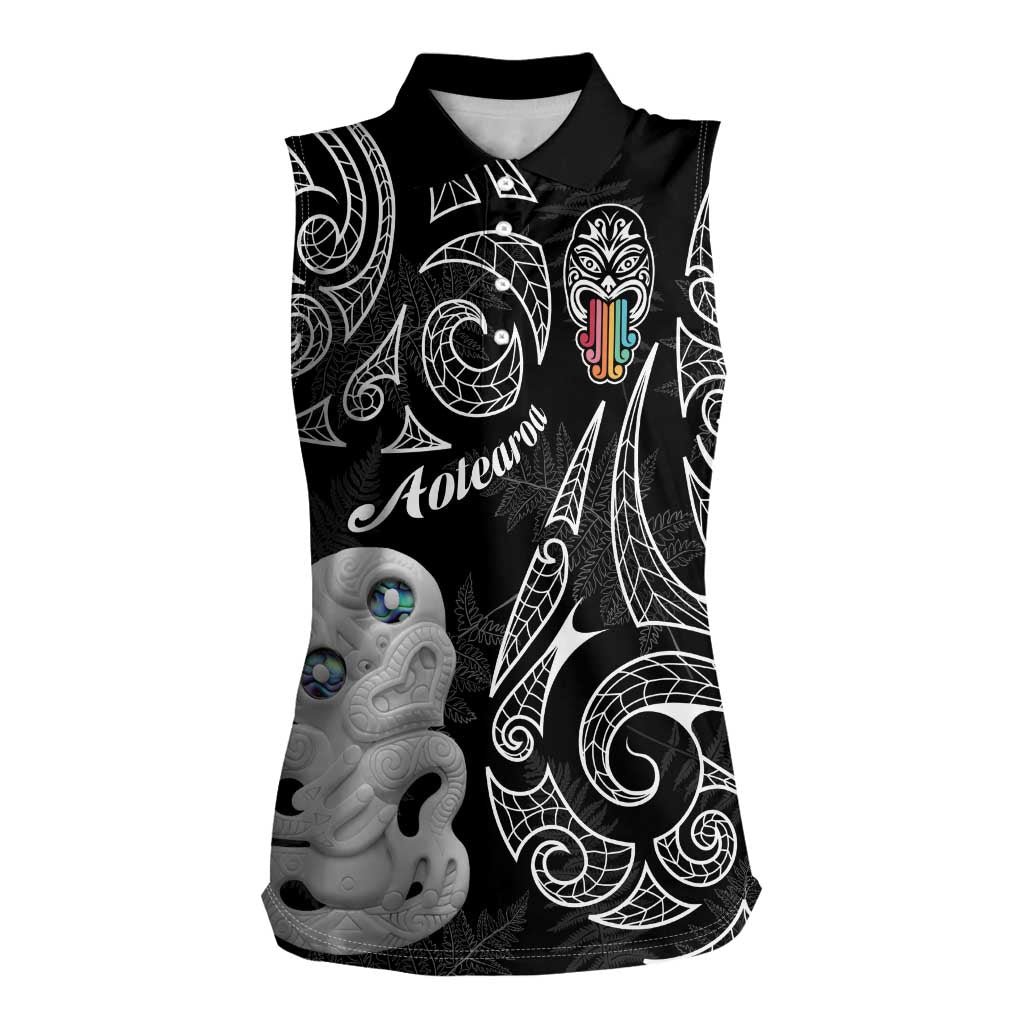 Kia Hara Te reo Maori Women Sleeveless Polo Shirt Manaia Moko Pattern