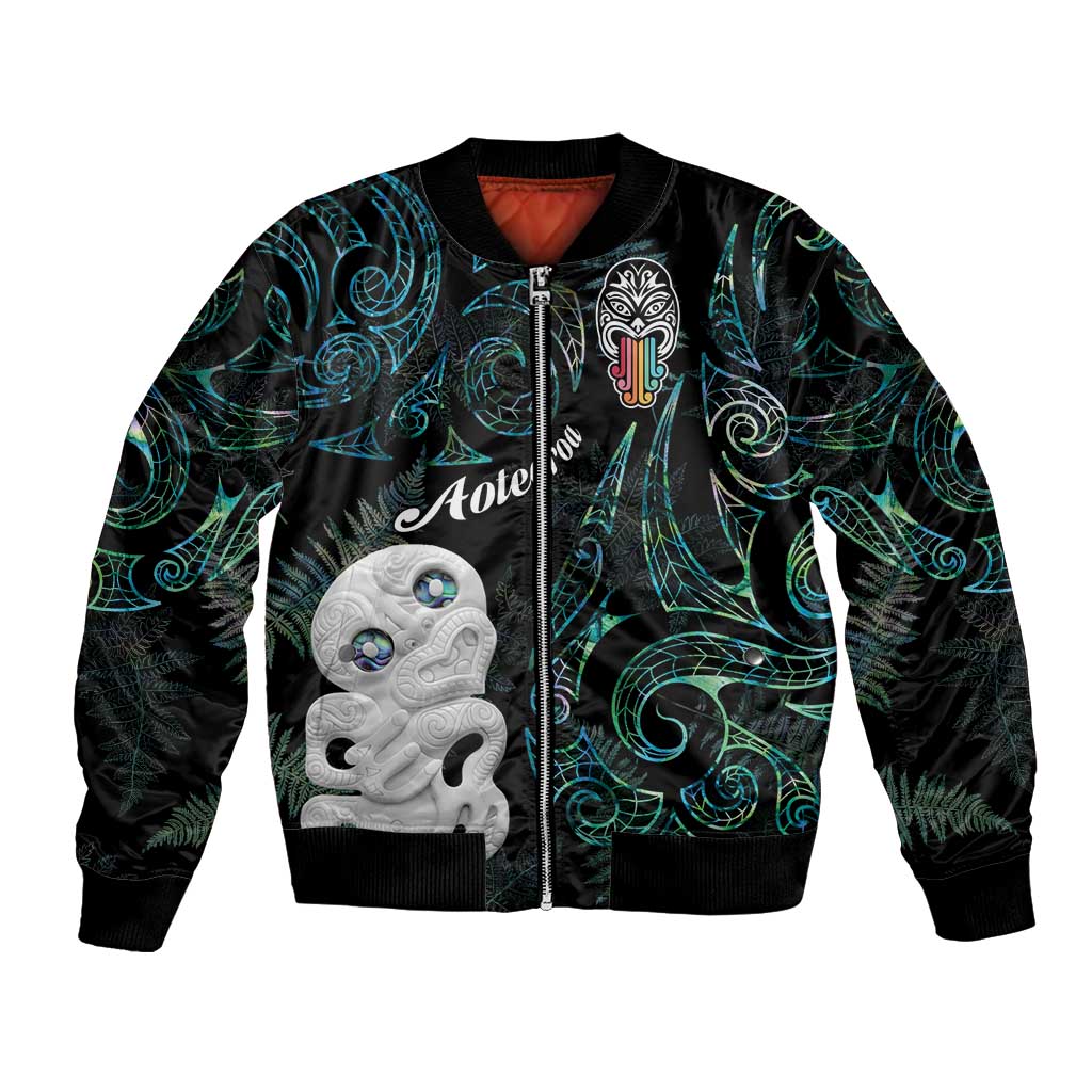 Kia Hara Te reo Maori Bomber Jacket Manaia Moko Mix Paua Shell LT7 Unisex Green - Polynesian Pride