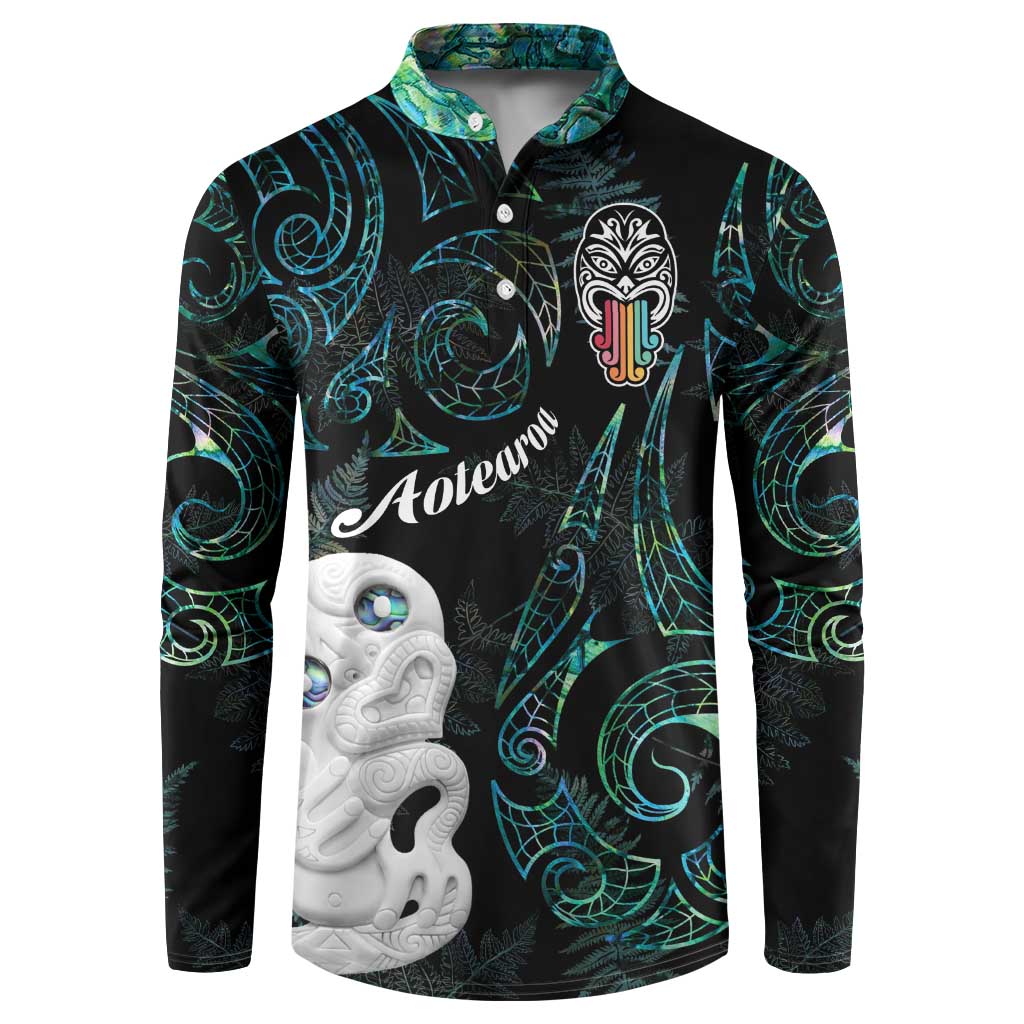 Kia Hara Te reo Maori Button Sweatshirt Manaia Moko Mix Paua Shell LT7 Green - Polynesian Pride