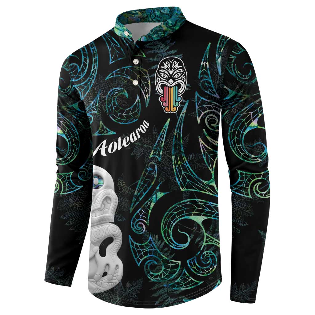 Kia Hara Te reo Maori Button Sweatshirt Manaia Moko Mix Paua Shell LT7 - Polynesian Pride