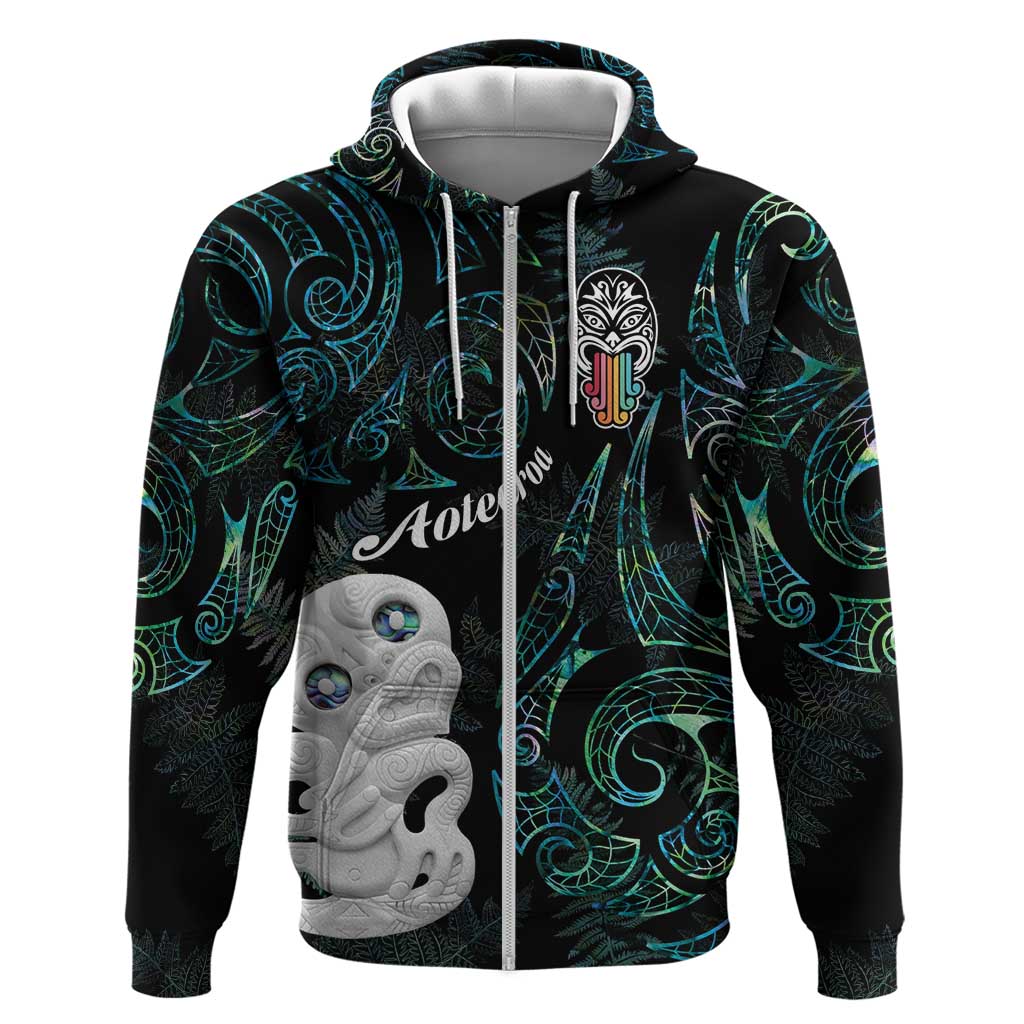 Kia Hara Te reo Maori Hoodie Manaia Moko Mix Paua Shell LT7 Zip Hoodie Green - Polynesian Pride