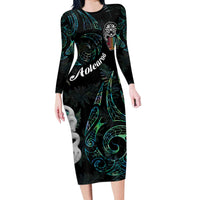 Kia Hara Te reo Maori Long Sleeve Bodycon Dress Manaia Moko Mix Paua Shell LT7 Long Dress Green - Polynesian Pride