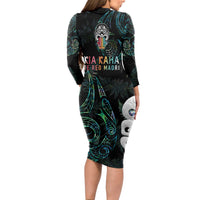 Kia Hara Te reo Maori Long Sleeve Bodycon Dress Manaia Moko Mix Paua Shell LT7 - Polynesian Pride