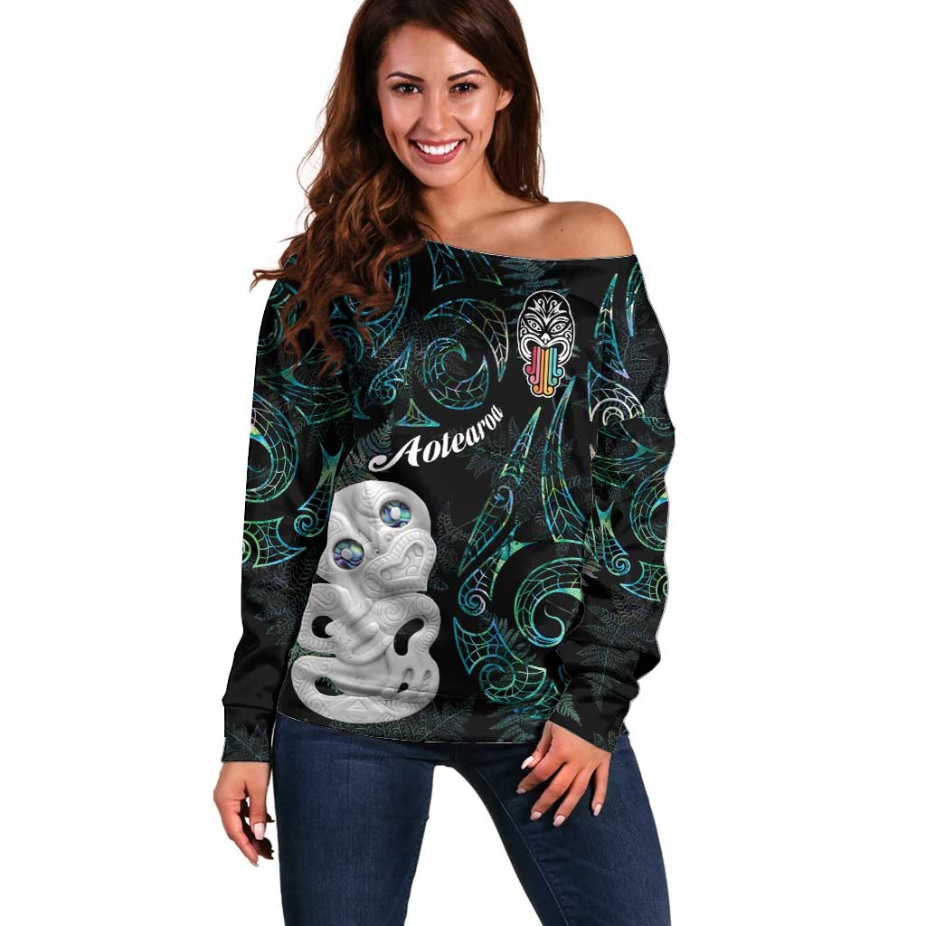 Kia Hara Te reo Maori Off Shoulder Sweater Manaia Moko Mix Paua Shell LT7 Women Green - Polynesian Pride