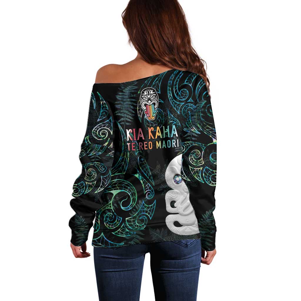 Kia Hara Te reo Maori Off Shoulder Sweater Manaia Moko Mix Paua Shell LT7 - Polynesian Pride