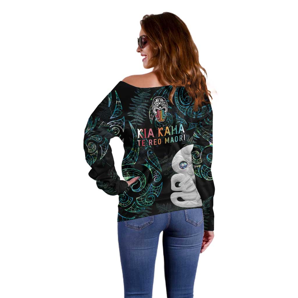 Kia Hara Te reo Maori Off Shoulder Sweater Manaia Moko Mix Paua Shell LT7 - Polynesian Pride