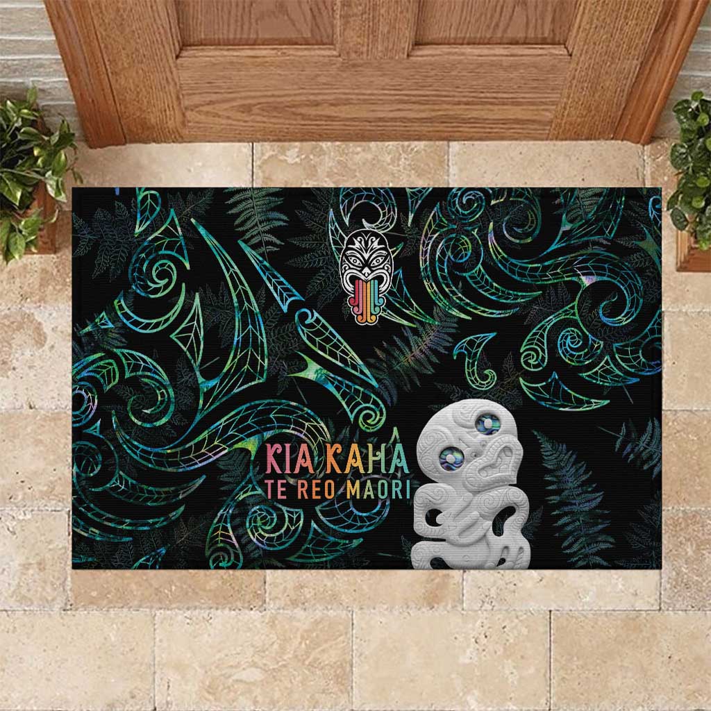 Kia Hara Te reo Maori Rubber Doormat Manaia Moko Mix Paua Shell LT7 Green - Polynesian Pride
