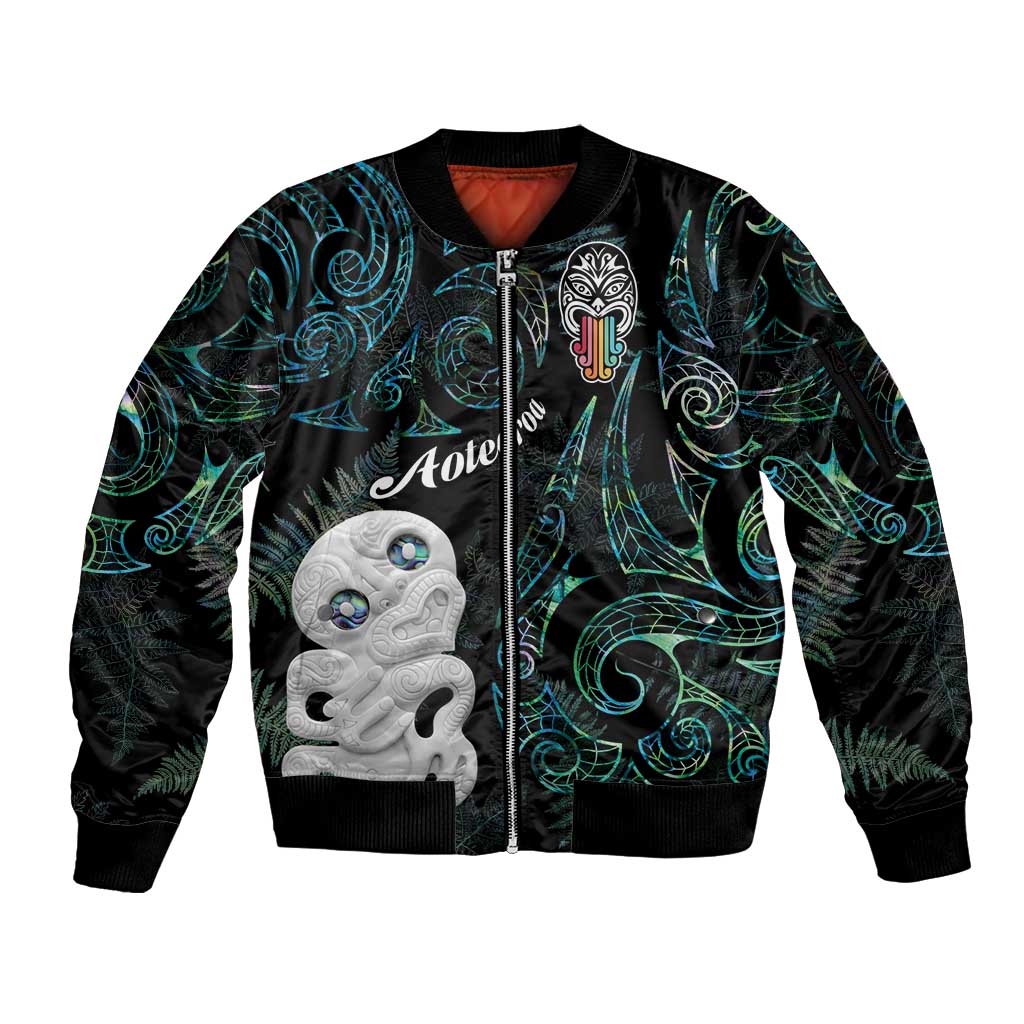 Kia Hara Te reo Maori Sleeve Zip Bomber Jacket Manaia Moko Mix Paua Shell LT7 Unisex Green - Polynesian Pride