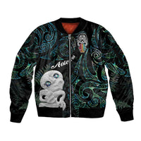 Kia Hara Te reo Maori Sleeve Zip Bomber Jacket Manaia Moko Mix Paua Shell LT7 Unisex Green - Polynesian Pride