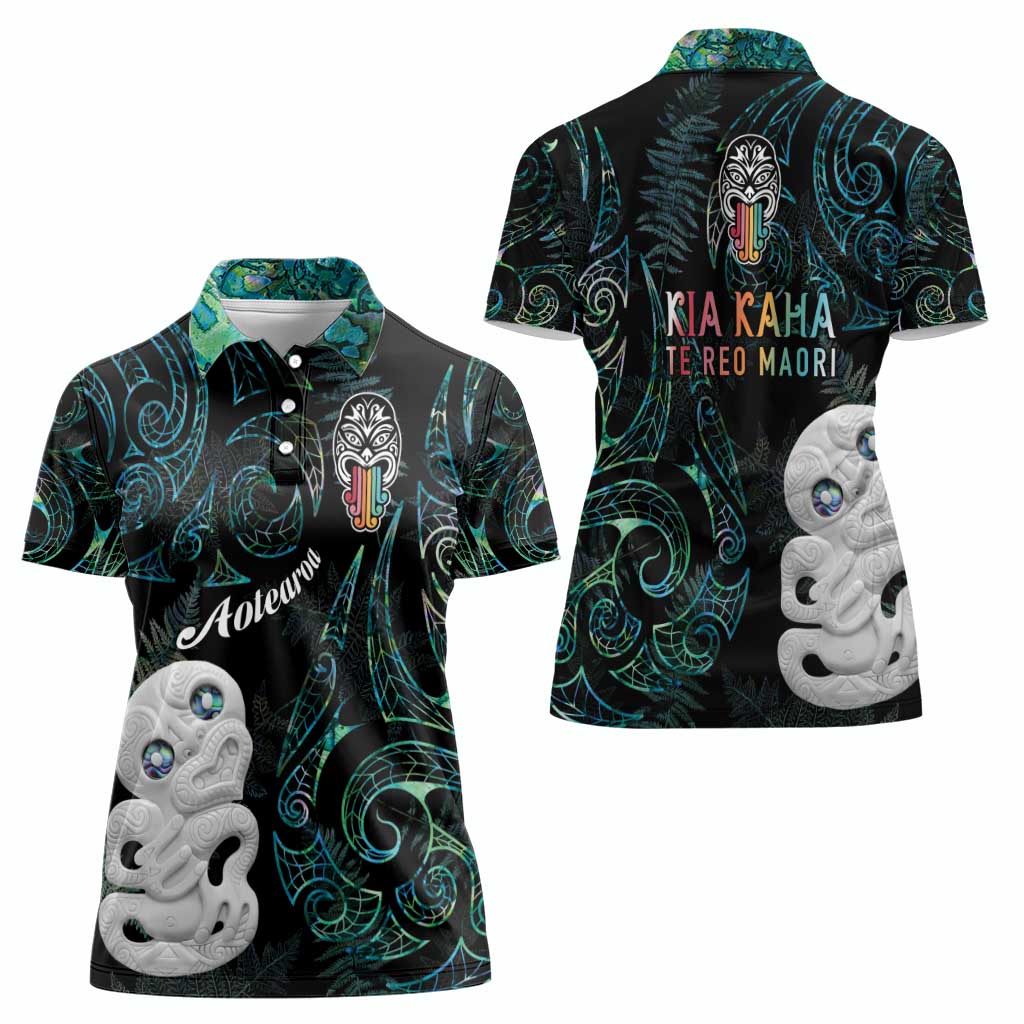 Kia Hara Te reo Maori Women Polo Shirt Manaia Moko Mix Paua Shell LT7 - Polynesian Pride