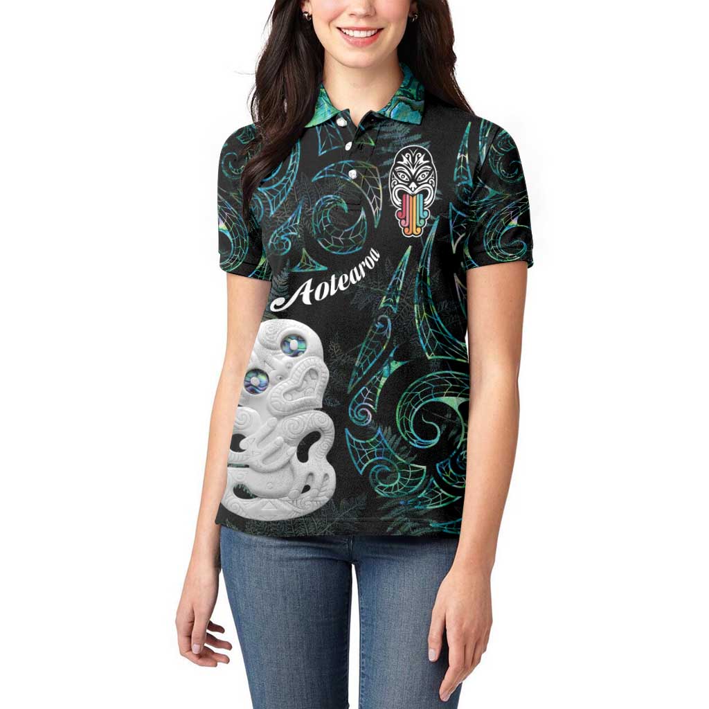Kia Hara Te reo Maori Women Polo Shirt Manaia Moko Mix Paua Shell LT7 - Polynesian Pride