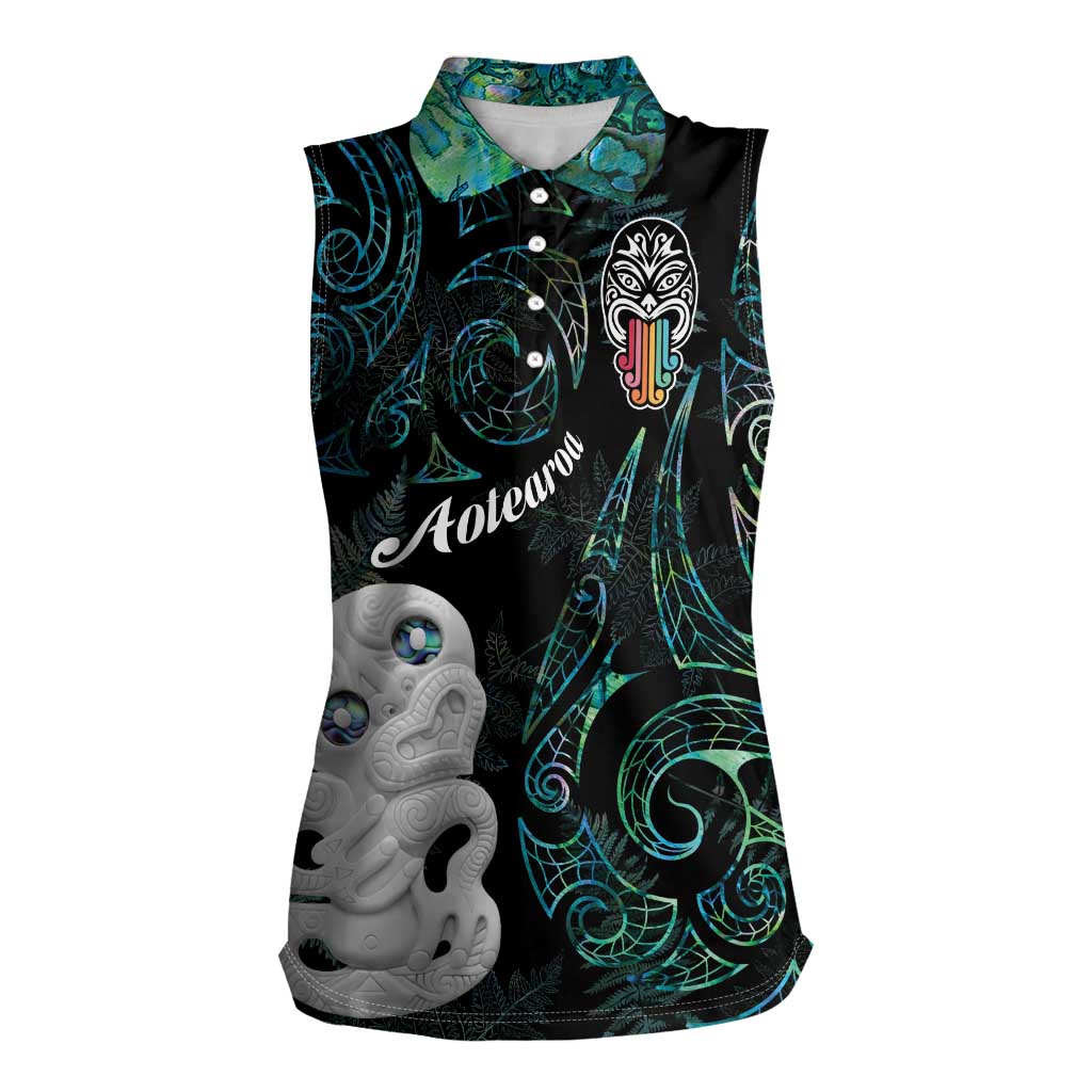 Kia Hara Te reo Maori Women Sleeveless Polo Shirt Manaia Moko Mix Paua Shell