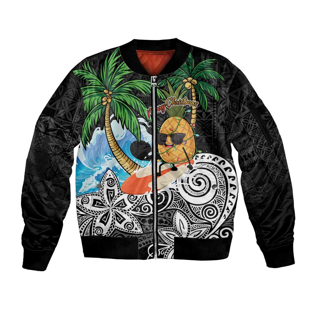 Tropical Christmas Polynesian Sleeve Zip Bomber Jacket Funny Surfing Pineapple LT7 Unisex Black - Polynesian Pride