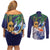 Tropical Christmas Polynesian Couples Matching Off Shoulder Short Dress and Long Sleeve Button Shirt Funny Surfing Pineapple Blue