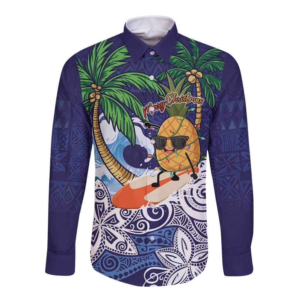 Tropical Christmas Polynesian Long Sleeve Button Shirt Funny Surfing Pineapple Blue LT7 Unisex Blue - Polynesian Pride