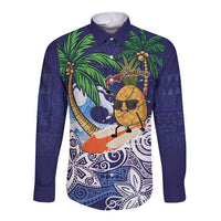 Tropical Christmas Polynesian Long Sleeve Button Shirt Funny Surfing Pineapple Blue LT7 Unisex Blue - Polynesian Pride