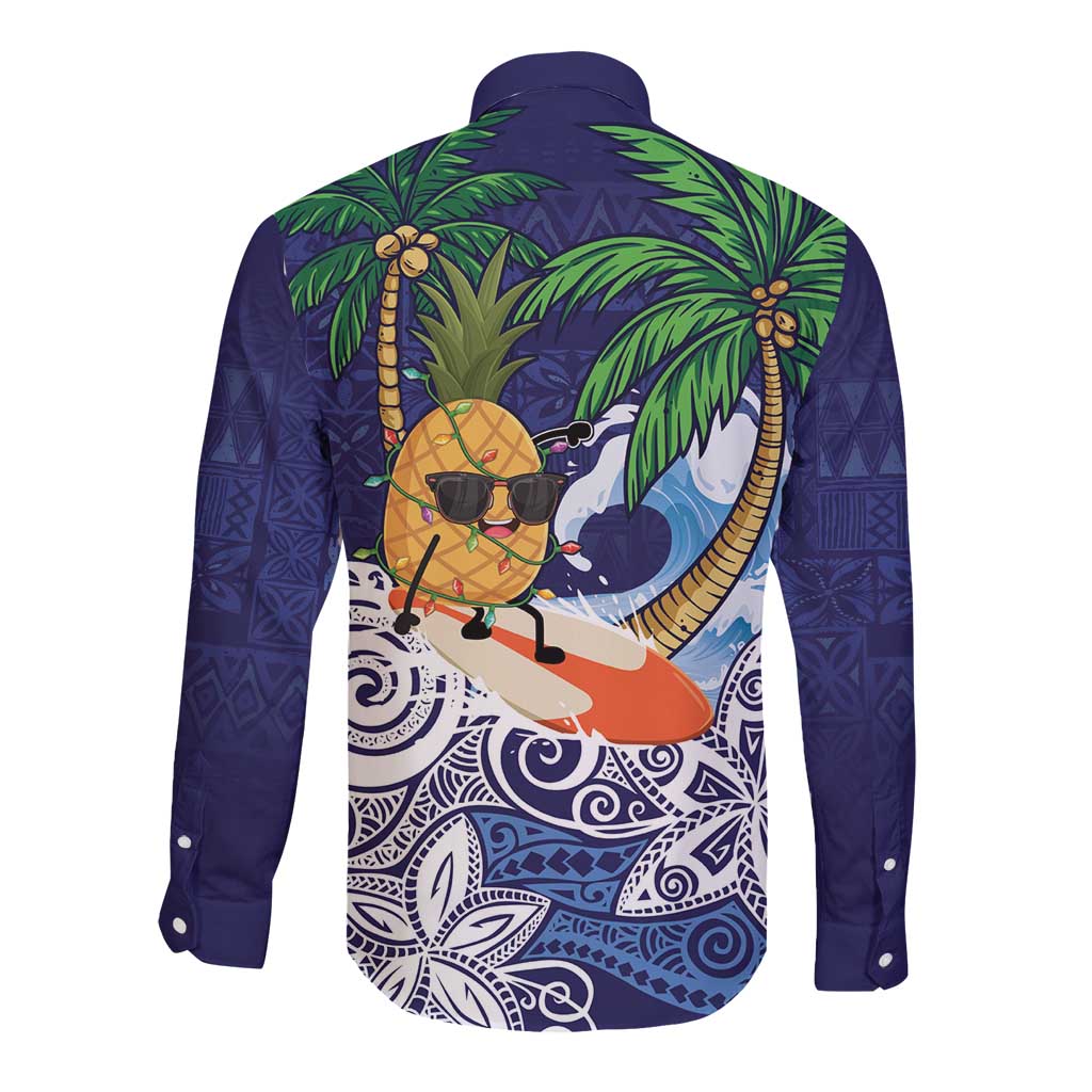 Tropical Christmas Polynesian Long Sleeve Button Shirt Funny Surfing Pineapple Blue LT7 - Polynesian Pride