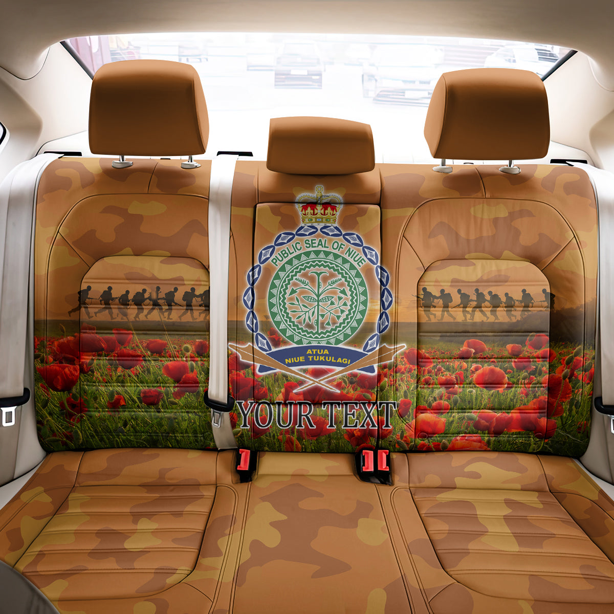 Niue ANZAC Day Personalised Back Car Seat Cover with Poppy Field LT9 - Polynesian Pride
