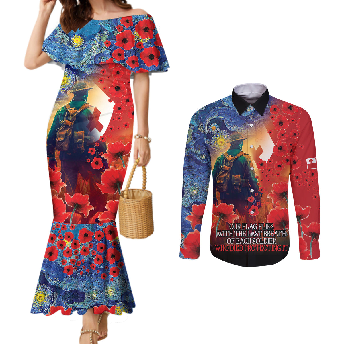 Tonga ANZAC Day Personalised Couples Matching Mermaid Dress and Long Sleeve Button Shirt Soldier Te Tau Manatui Kinautolu with Poppy Field LT9 Art - Polynesian Pride