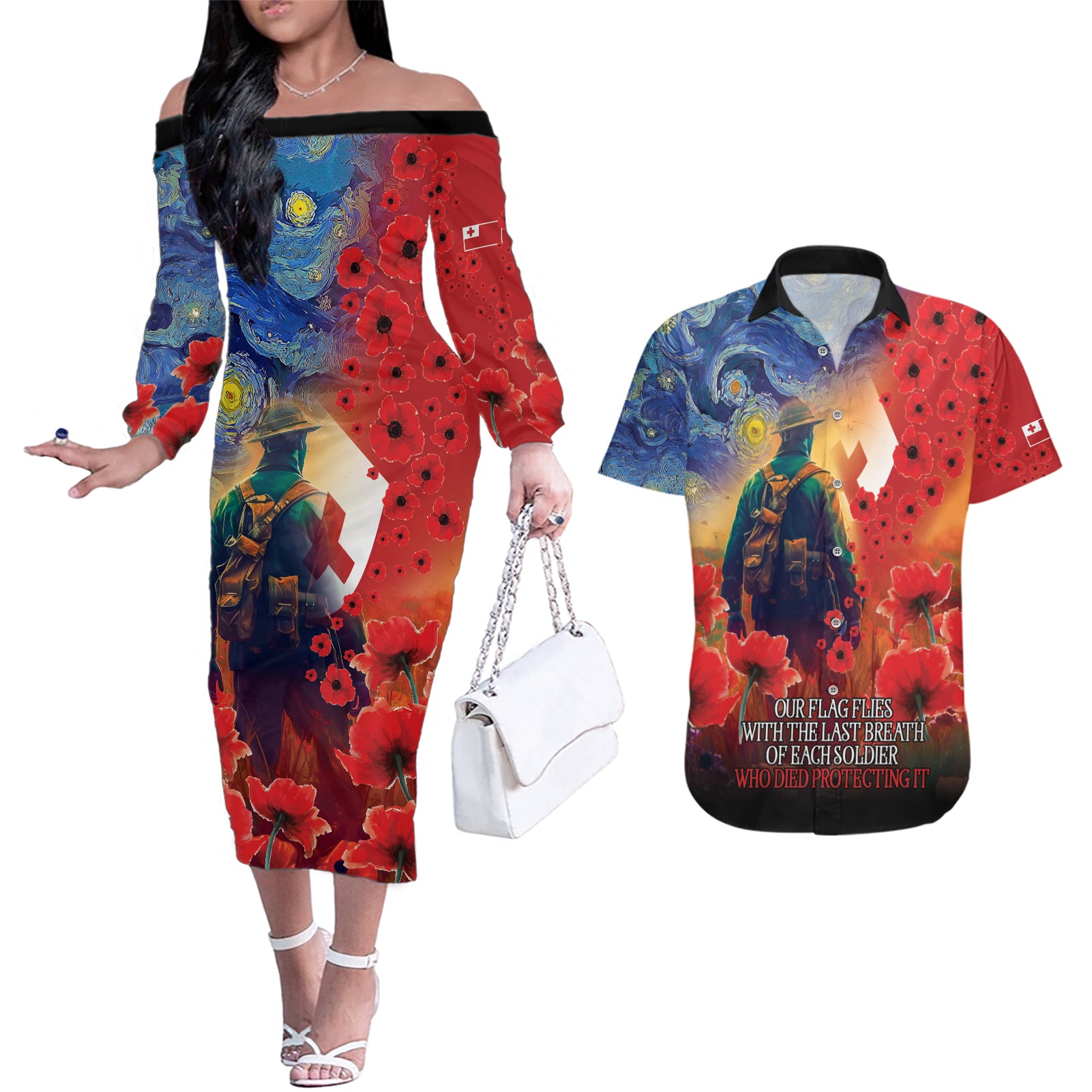 Tonga ANZAC Day Personalised Couples Matching Off The Shoulder Long Sleeve Dress and Hawaiian Shirt Soldier Te Tau Manatui Kinautolu with Poppy Field LT9 Art - Polynesian Pride