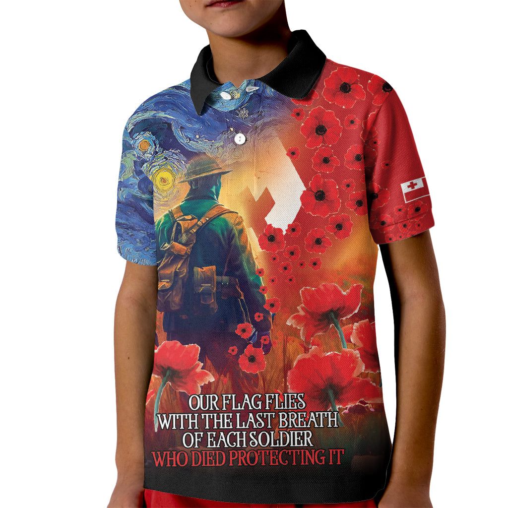 Tonga ANZAC Day Personalised Kid Polo Shirt Soldier Te Tau Manatui Kinautolu with Poppy Field LT9 Kid Art - Polynesian Pride