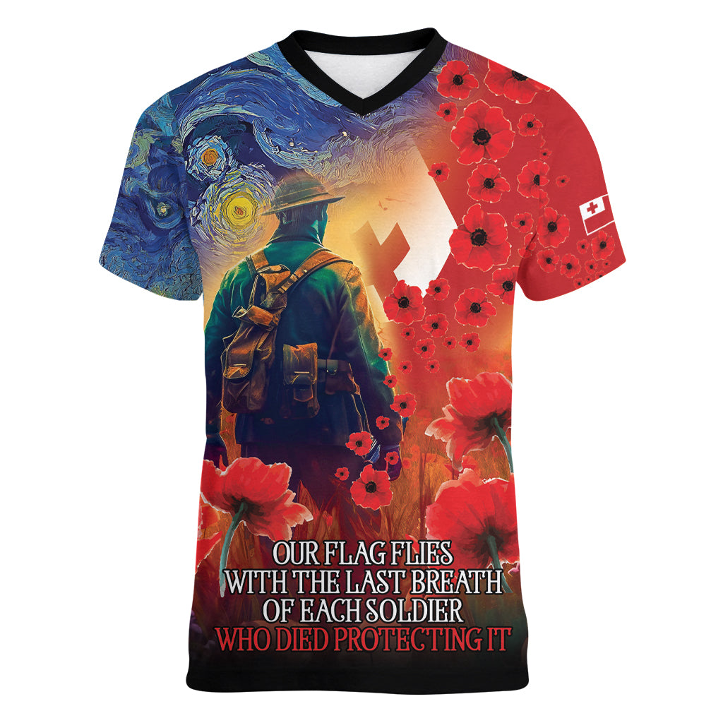 Tonga ANZAC Day Personalised Women V Neck T Shirt Soldier Te Tau Manatui Kinautolu with Poppy Field LT9 Female Art - Polynesian Pride